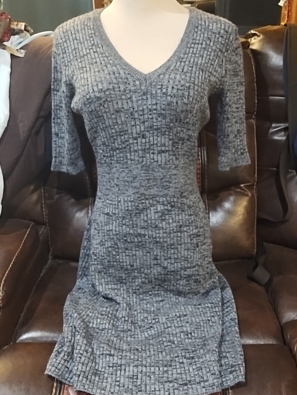 BCBGMaxAzria Gray Ribbed V-Neck Knit Dress